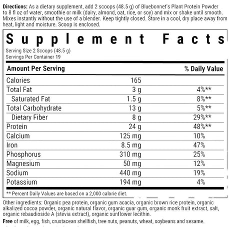 Información nutricional de Bluebonnet Organic Plant Protein chocolate 945 g, 19 porciones
