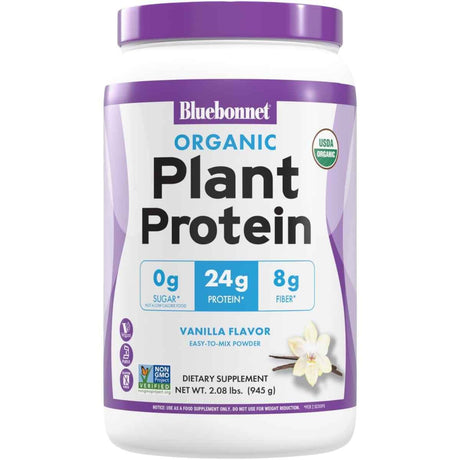 Frasco frontal Bluebonnet Organic Plant Protein sabor vainilla 945 g