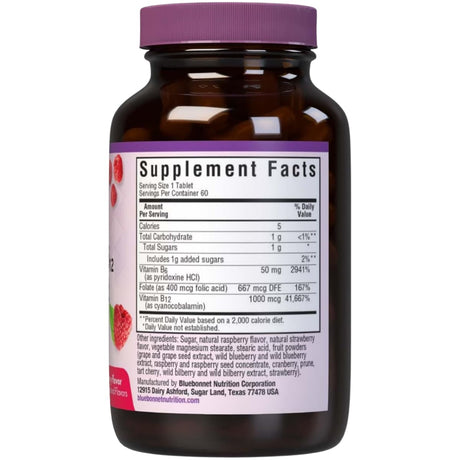 Tabla nutricional del suplemento Bluebonnet Vitamina B6, B12 y Ácido Fólico Frambuesa 60 tabletas masticables