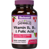 Frasco de suplemento Bluebonnet Vitamina B6, B12 y Ácido Fólico Frambuesa 60 tabletas masticables