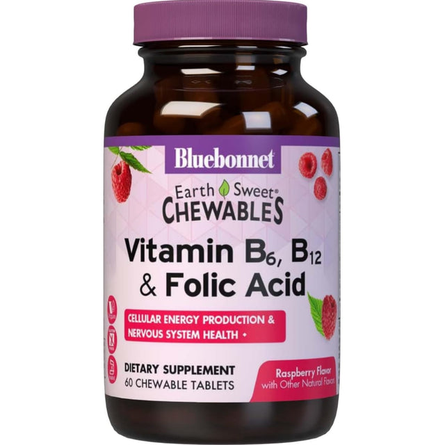 Frasco de suplemento Bluebonnet Vitamina B6, B12 y Ácido Fólico Frambuesa 60 tabletas masticables