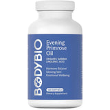 Frasco frontal de BodyBio aceite de onagra con GLA, presentación de 180 cápsulas blandas.