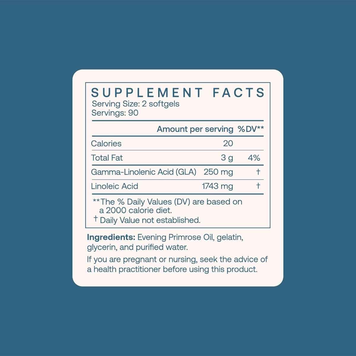 Información del suplemento de BodyBio aceite de onagra con GLA para 180 cápsulas blandas.