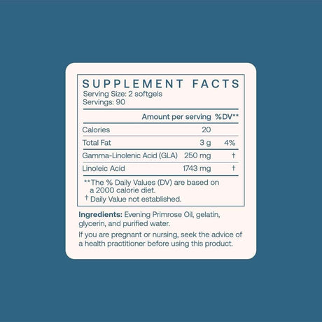 Información del suplemento de BodyBio aceite de onagra con GLA para 180 cápsulas blandas.