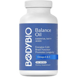 Frasco frontal de BodyBio Balance Oil omega 6 y 3 con 180 cápsulas blandas.