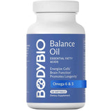 Frasco frontal de BodyBio Balance Oil omega 6 y 3 con 60 cápsulas blandas.