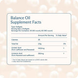 Información del suplemento de BodyBio Balance Oil para presentaciones de 60 cápsulas blandas.