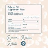Información del suplemento de BodyBio Balance Oil líquido con ácido linoleico y ácido linolénico por porción.