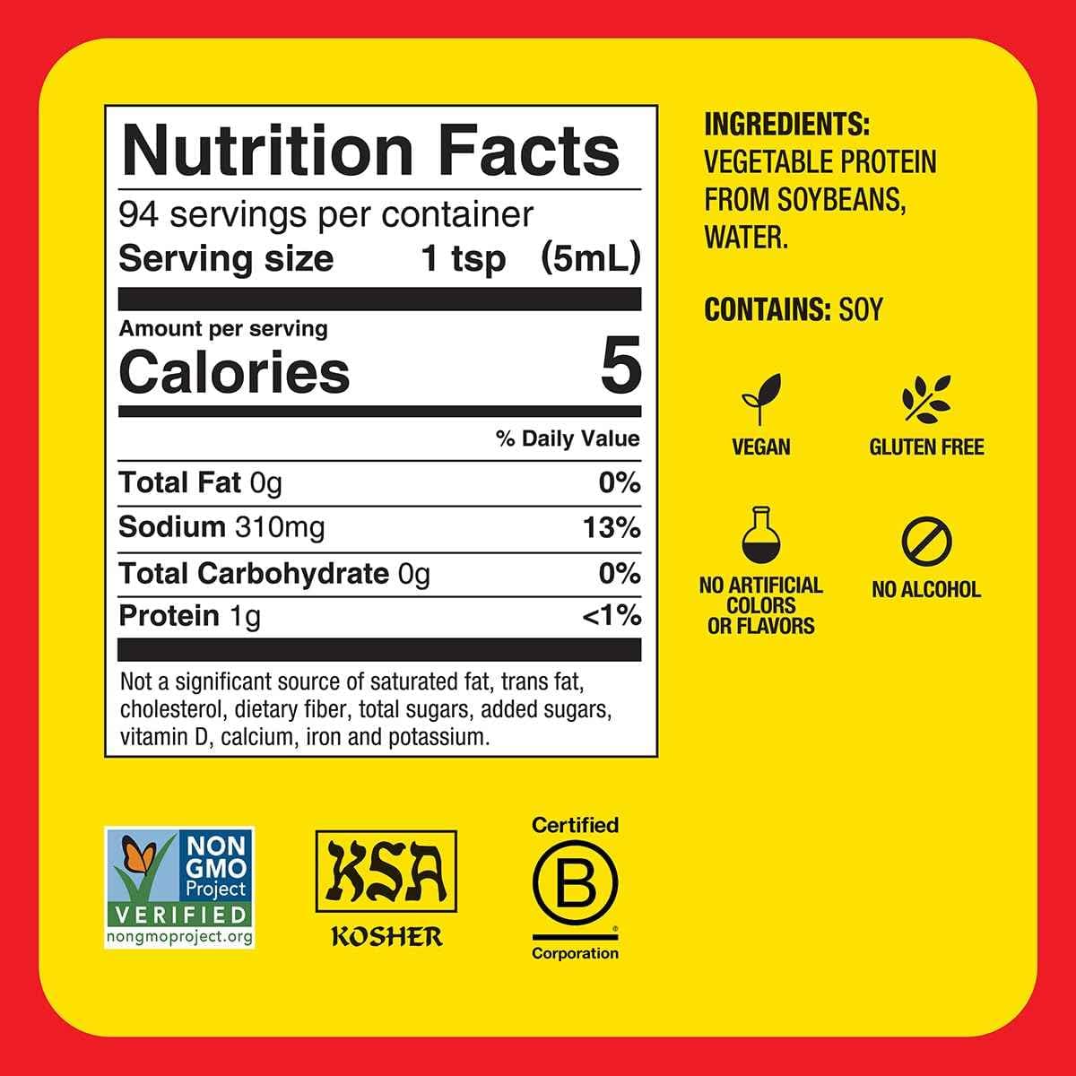 Tabla nutricional del condimento Bragg Aminoácidos Líquidos 16oz