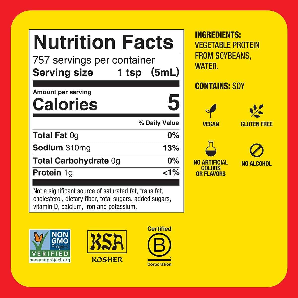 Tabla nutricional del condimento Bragg Aminoácidos Líquidos 1 Galón