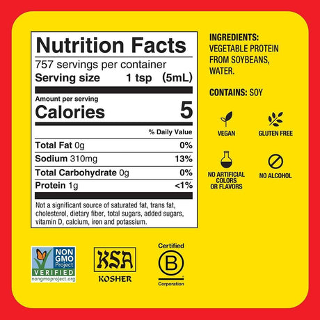 Tabla nutricional del condimento Bragg Aminoácidos Líquidos 1 Galón