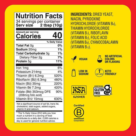 Tabla nutricional del suplemento BRAGG Levadura Nutricional 12 oz