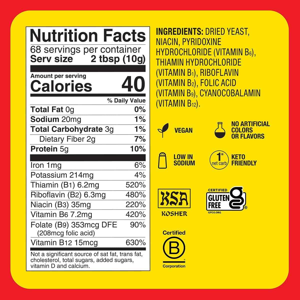 Tabla nutricional del suplemento BRAGG Levadura Nutricional 24 oz