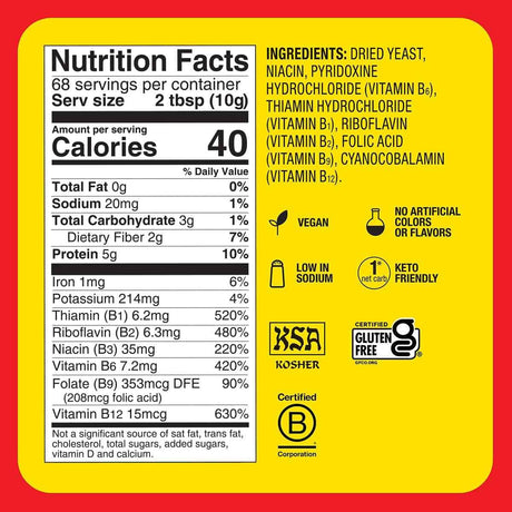 Tabla nutricional del suplemento BRAGG Levadura Nutricional 24 oz