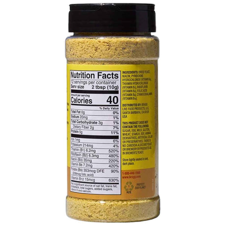 Tabla nutricional del suplemento BRAGG Levadura Nutricional 4.5 oz