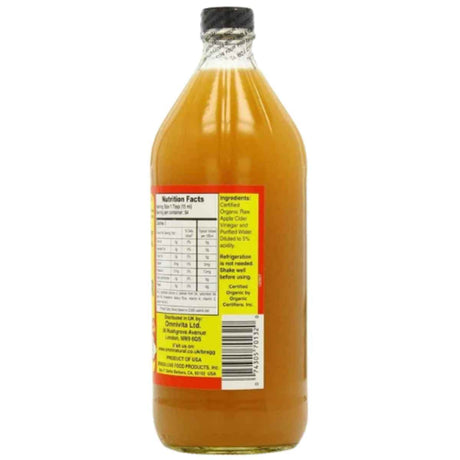 Etiqueta posterior de Bragg vinagre de sidra de manzana orgánico, presentación de 946 ml.