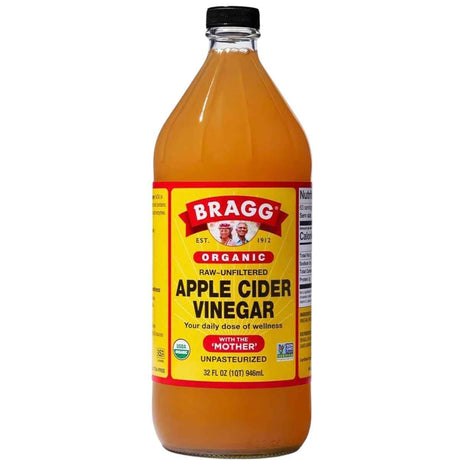Botella frontal de Bragg vinagre de sidra de manzana orgánico con la madre, presentación de 946 ml.