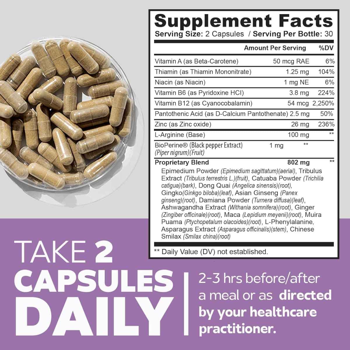 Tabla nutricional del suplemento Bravado Labs Fórmula Herbal 23-en-1 60 Cápsulas