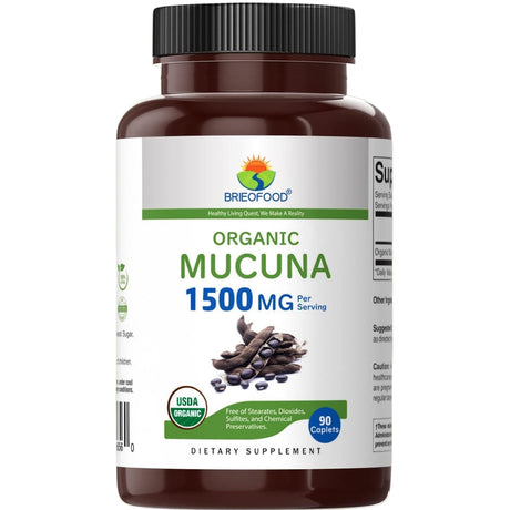 Frasco de suplemento Brieofood Mucuna Orgánica 1500 mg 90 tabletas