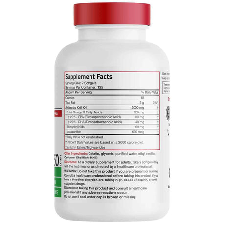 Tabla nutricional del suplemento Bronson Aceite de Krill Antártico 250 cápsulas blandas