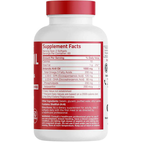Etiqueta de suplemento de Bronson aceite de krill antártico 1000 mg, presentación de 120 cápsulas blandas