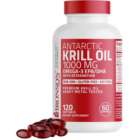 Frasco de suplemento Bronson Aceite de Krill Antártico con Astaxantina (1000 mg) 120 cápsulas blandas