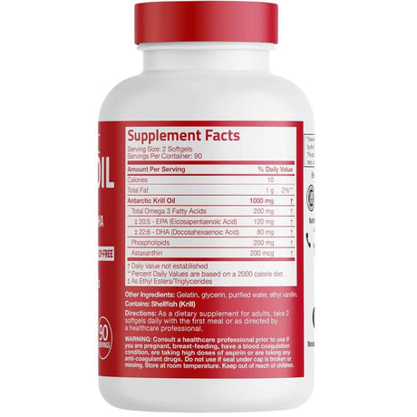 Etiqueta de suplemento de Bronson aceite de krill antártico 1000 mg, presentación de 180 cápsulas blandas