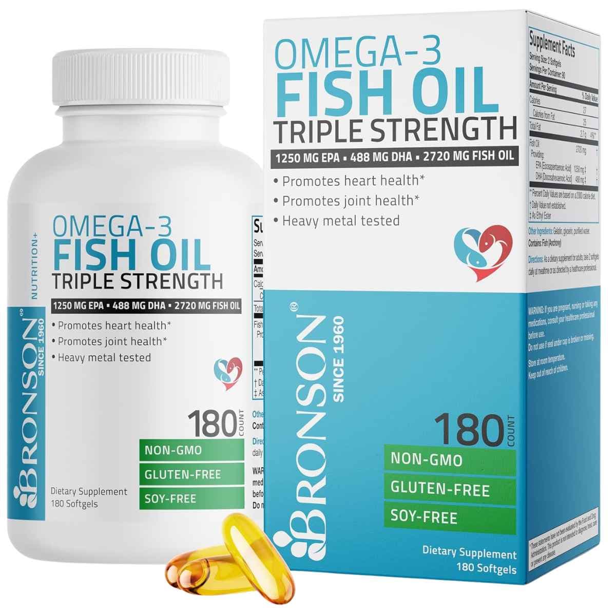 Frasco y caja de Bronson aceite de pescado Omega 3 2720 mg, presentación de 180 cápsulas blandas.