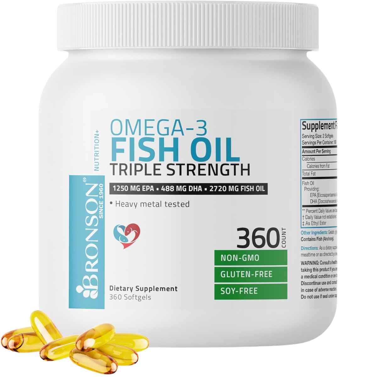 Frasco frontal de Bronson aceite de pescado Omega 3 2720 mg, presentación de 360 cápsulas blandas.