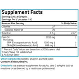 Tabla de suplementos de Bronson aceite de pescado Omega 3 2720 mg, presentación de 360 cápsulas blandas, con porción de 2 cápsulas blandas, 180 porciones por envase, EPA y DHA.