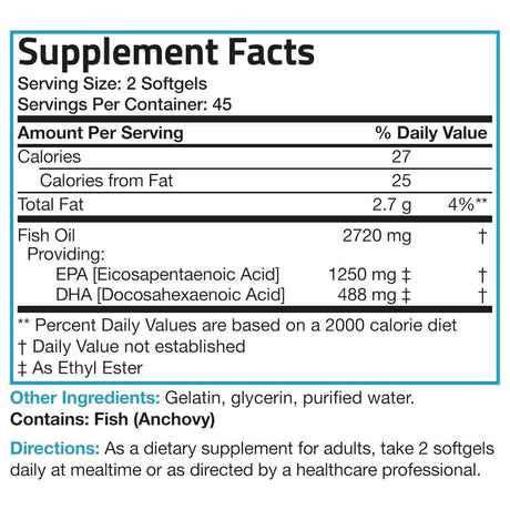 Etiqueta de Bronson aceite de pescado Omega 3 2720 mg, presentación de 90 cápsulas blandas, con tabla de suplementos, modo de uso, ingredientes y advertencias.
