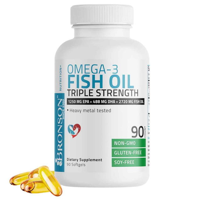 Frasco frontal de Bronson aceite de pescado Omega 3 2720 mg, presentación de 90 cápsulas blandas.