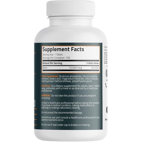Tabla nutricional del suplemento Bronson Biotina 10000 mcg 150 tabletas