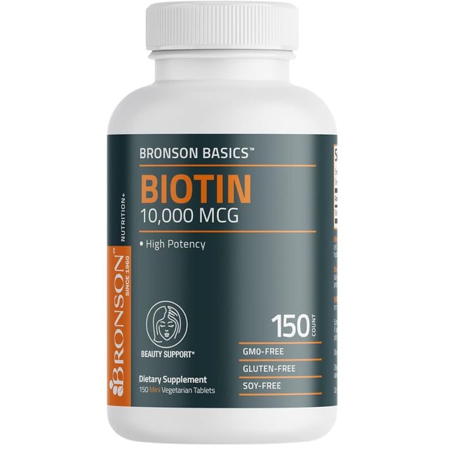 Frasco de suplemento Bronson Biotina 10000 mcg 150 tabletas
