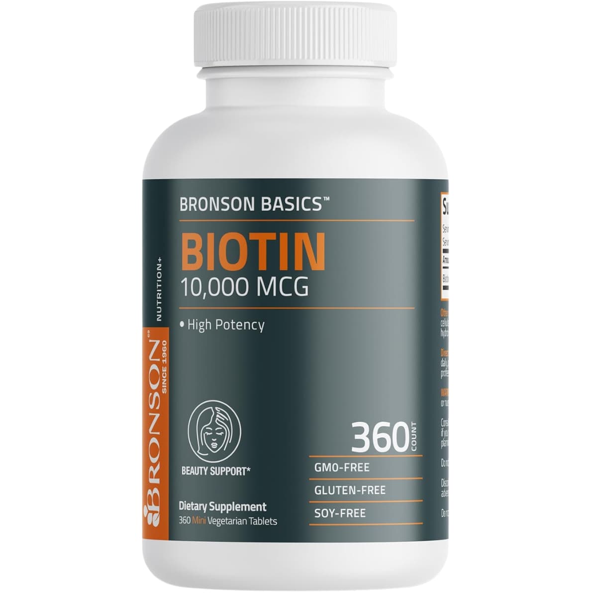 Frasco de suplemento Bronson Biotina 10000 mcg 360 tabletas