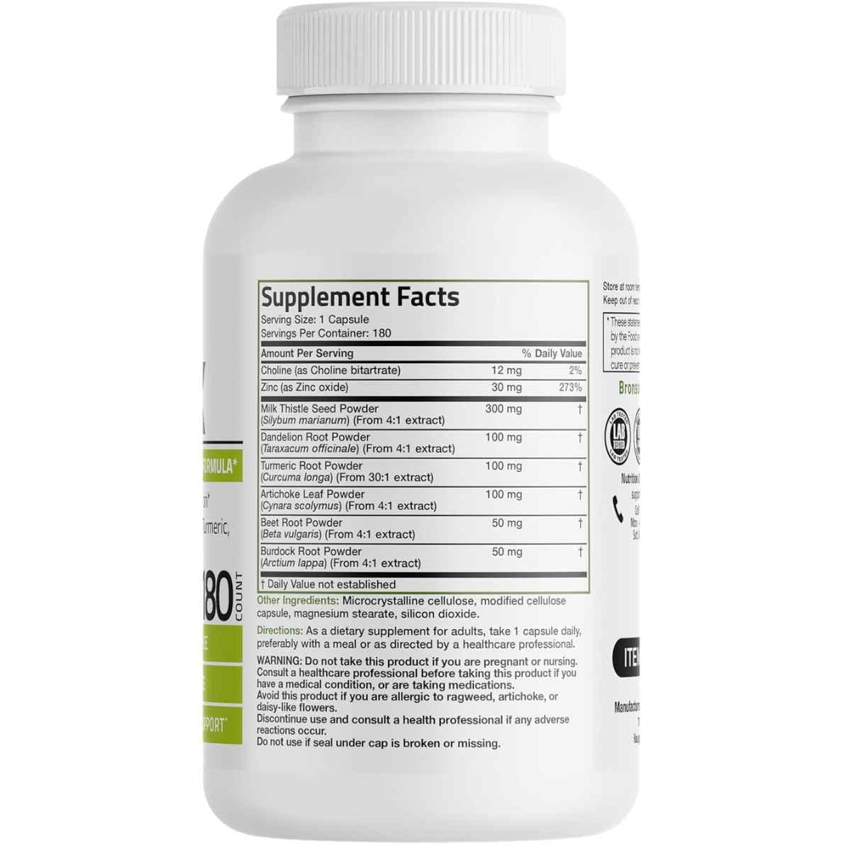 Tabla nutricional del suplemento Bronson Cardo Mariano Complejo Hepático 180 cápsulas
