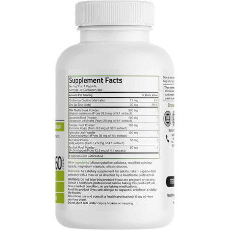 Tabla nutricional del suplemento Bronson Cardo Mariano Complejo Hepático 360 cápsulas