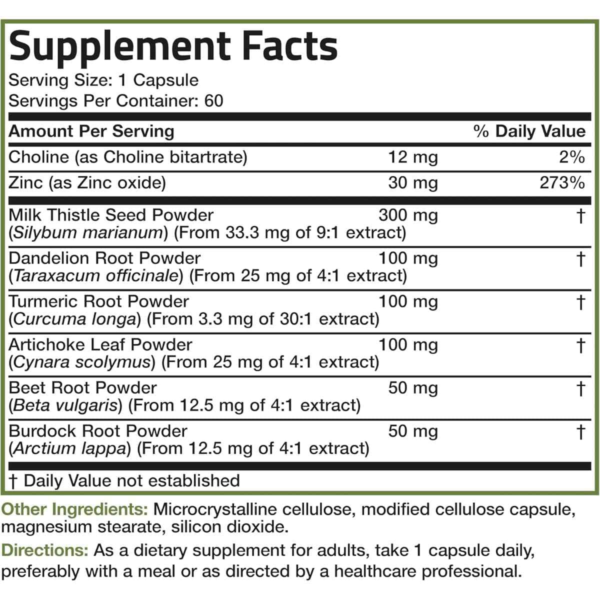 Tabla nutricional del suplemento Bronson Cardo Mariano Complejo Hepático 60 cápsulas