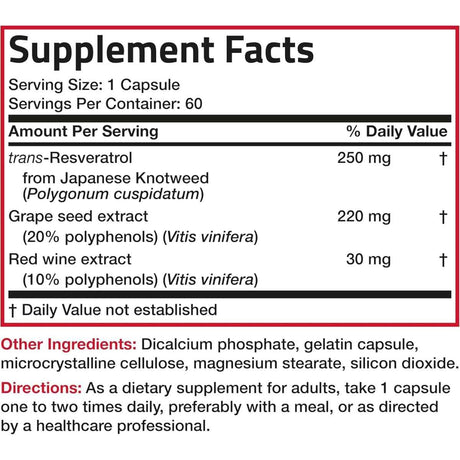 Tabla nutricional del suplemento Bronson Complejo de Resveratrol 500 mg 60 Cápsulas