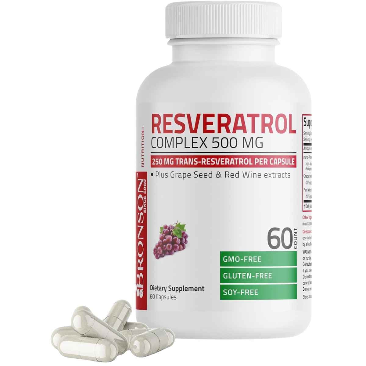 Frasco de suplemento Bronson Complejo de Resveratrol 500 mg 60 Cápsulas