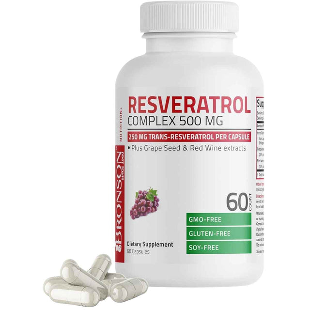 Frasco de suplemento Bronson Complejo de Resveratrol 500 mg 60 Cápsulas