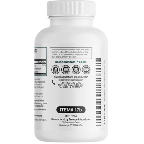 Etiqueta posterior de Bronson complejo de magnesio 300 mg con datos del fabricante