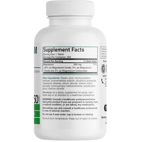 Información del suplemento de Bronson complejo de magnesio 300 mg, 250 tabletas