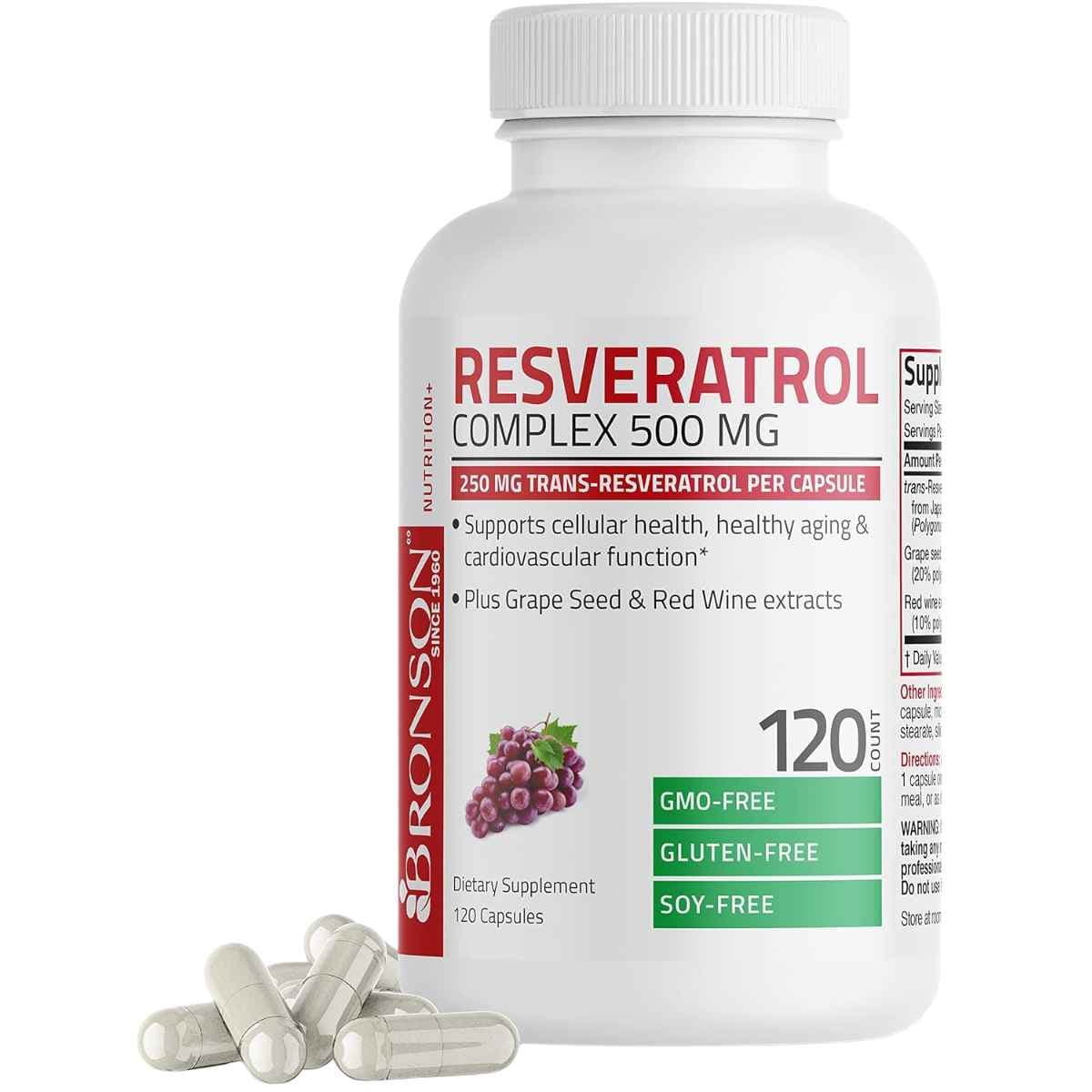 Frasco de suplemento Bronson Complejo de Trans-Resveratrol 120 cápsulas