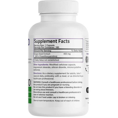 Etiqueta posterior de Bronson Extracto de Semilla de Uva 400 mg con información del suplemento, ingredientes y modo de uso