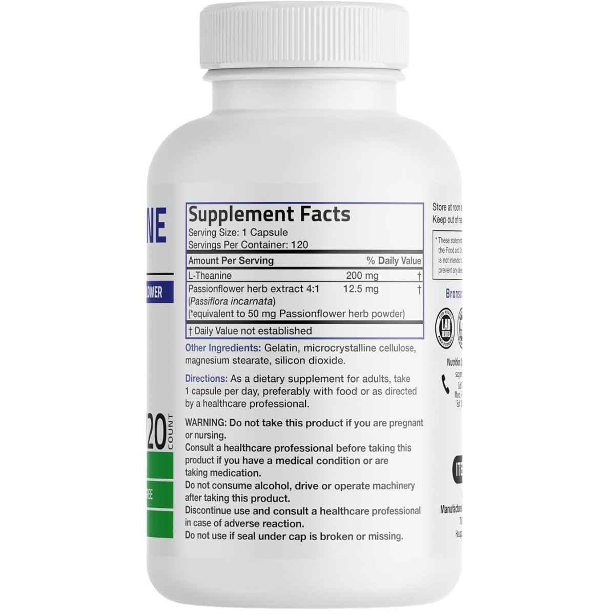 Tabla nutricional del suplemento Bronson L-Teanina 200 mg 120 Cápsulas