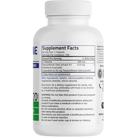 Tabla nutricional del suplemento Bronson L-Teanina 200 mg 120 Cápsulas