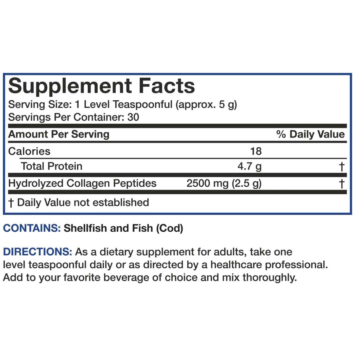 Tabla nutricional del suplemento Bronson Péptidos de Colágeno Marino Nórdico 2500 mg 150 g Polvo