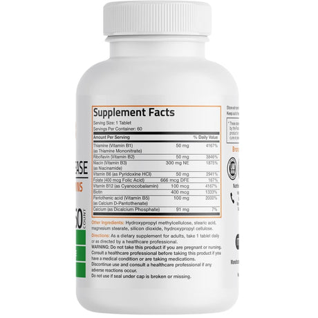 Tabla nutricional del suplemento Bronson Super Complejo B-100 de Liberación Sostenida 60 Tabletas