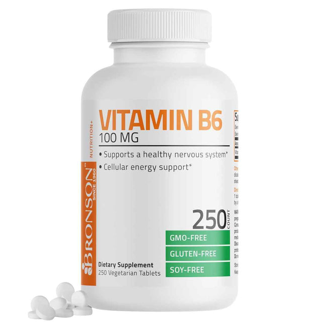 Frasco de suplemento Bronson Vitamina B6 (Piridoxina HCl) 100mg 250 Tabletas Vegetarianas